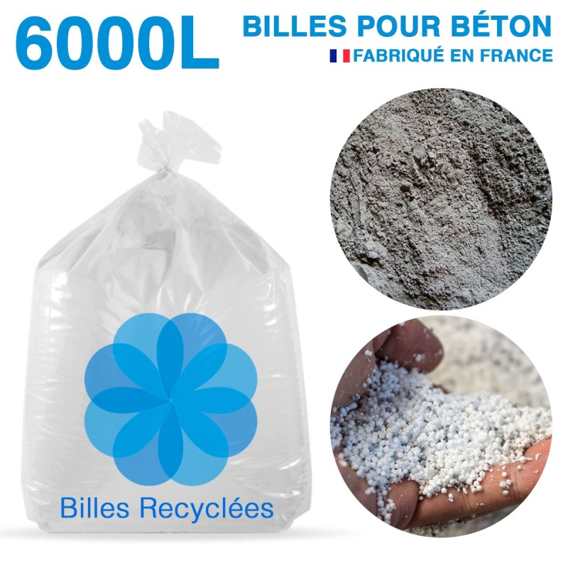 6000 liters, 5m3 of recycled polystyrene beads and dust for concrete