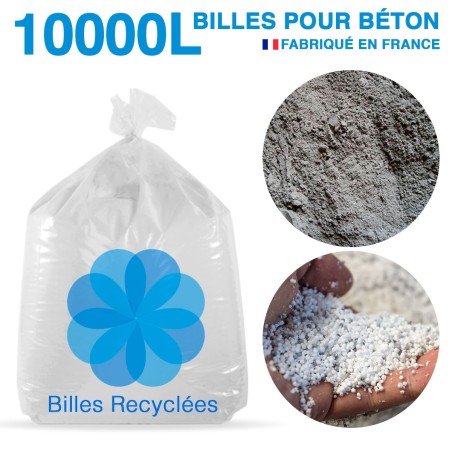 10000 liters, 10m3 of recycled polystyrene beads and dust for concrete.